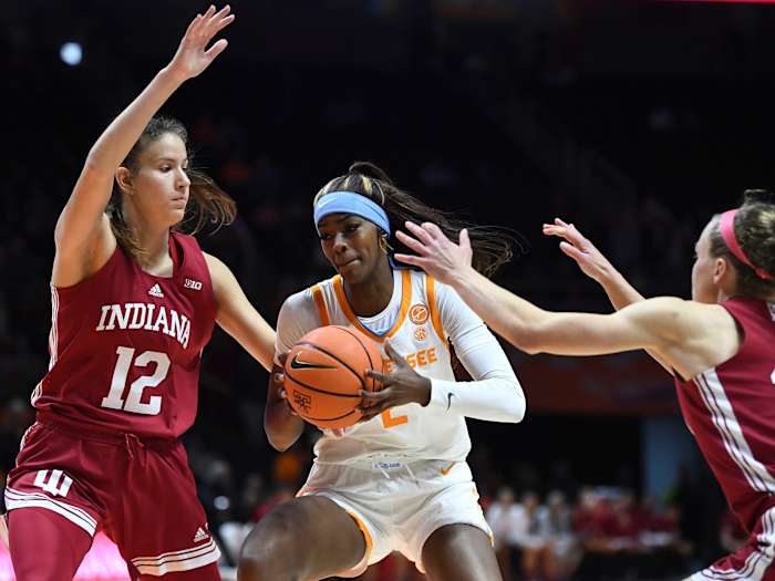 Indiana guards Yarden Garzon (12) and Grace Berger (right) lock down defensively during the win at Tennessee. (USA TODAY Sports)